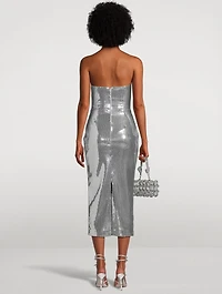 Draped Strapless Sequin Midi Dress