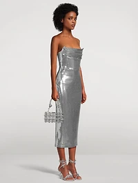 Draped Strapless Sequin Midi Dress
