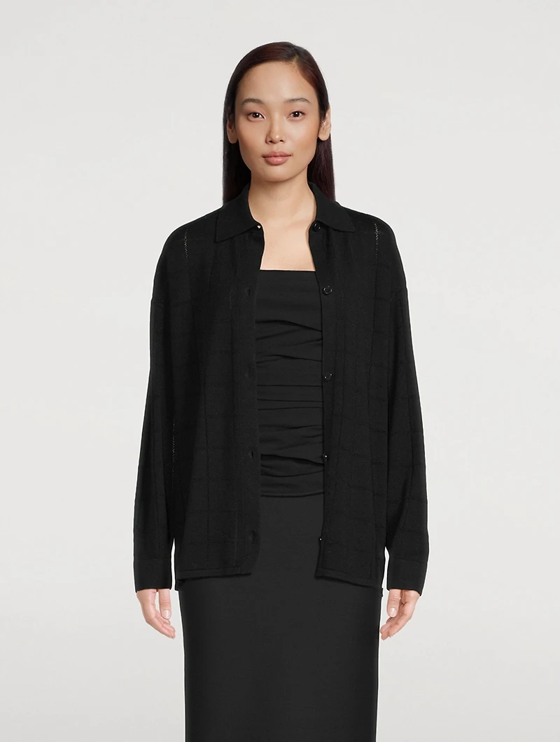 Grid Pointelle Knit Button-Front Sweater