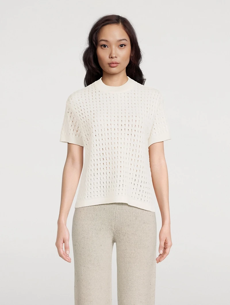 Cashmere Cable Pointelle Knit Short-Sleeve Sweater