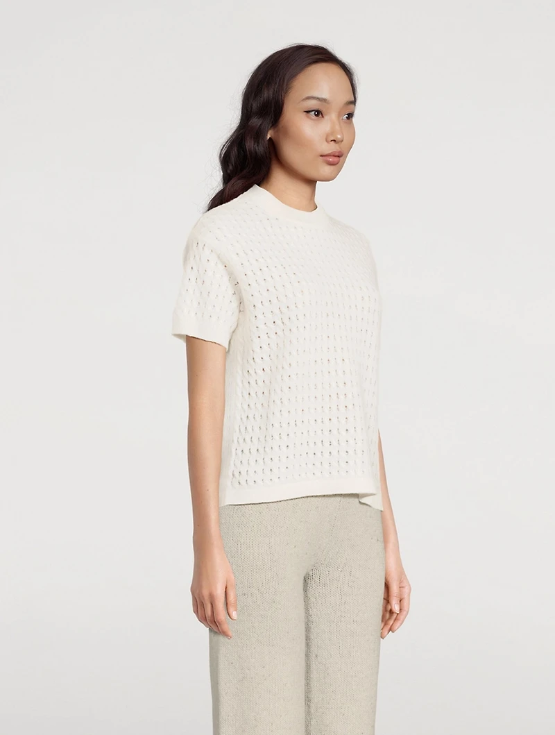 Cashmere Cable Pointelle Knit Short-Sleeve Sweater