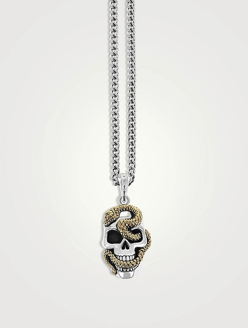 Large Two-Tone Skull And Snake Pendant Necklace