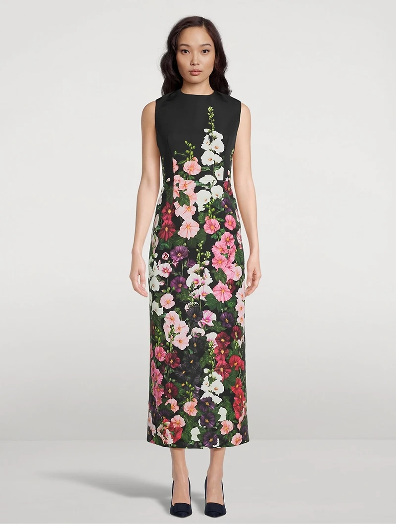 Faille Column Dress Hollyhocks Print