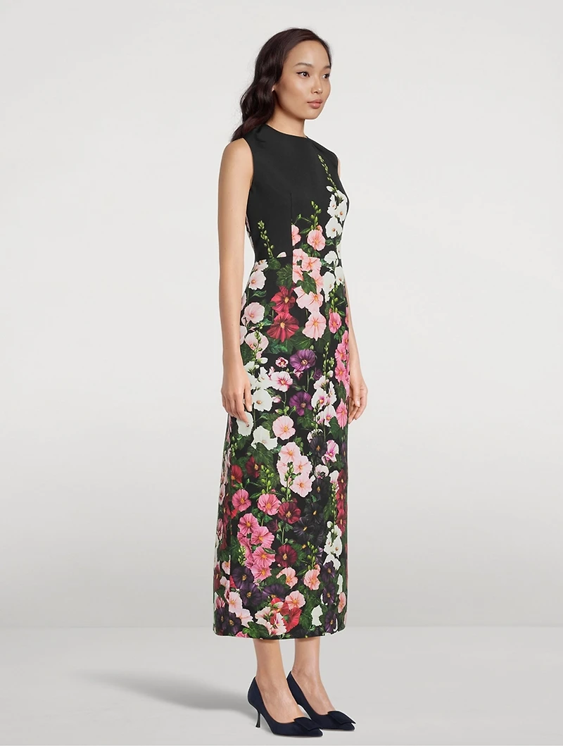 Faille Column Dress Hollyhocks Print