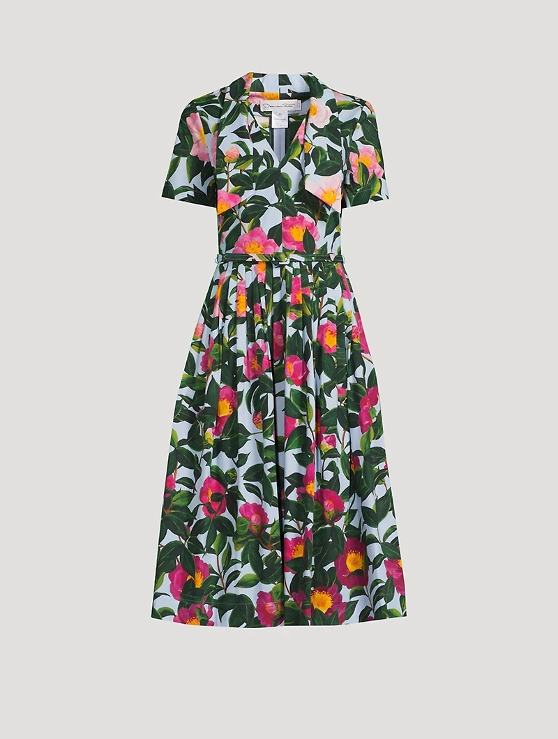 Tie-Neck Belted Midi Dress Camellia Print