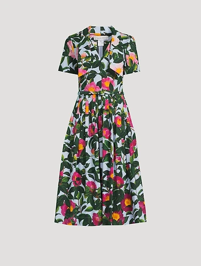 Tie-Neck Belted Midi Dress Camellia Print