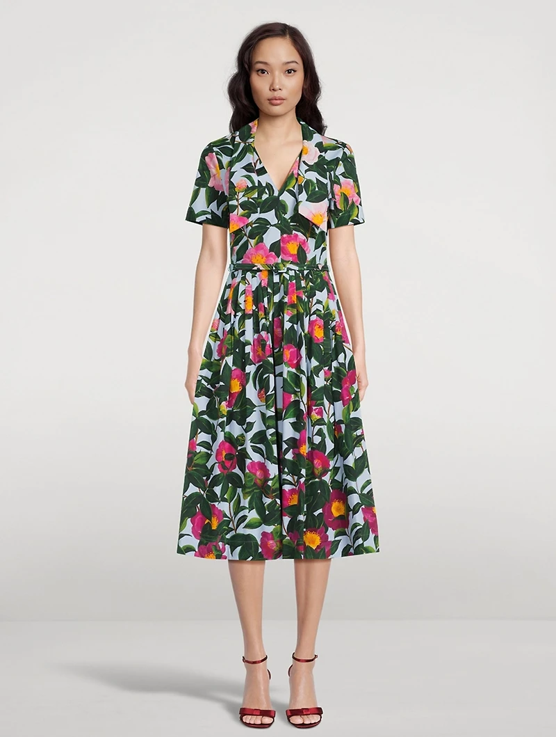 Tie-Neck Belted Midi Dress Camellia Print