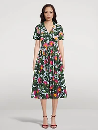 Tie-Neck Belted Midi Dress Camellia Print