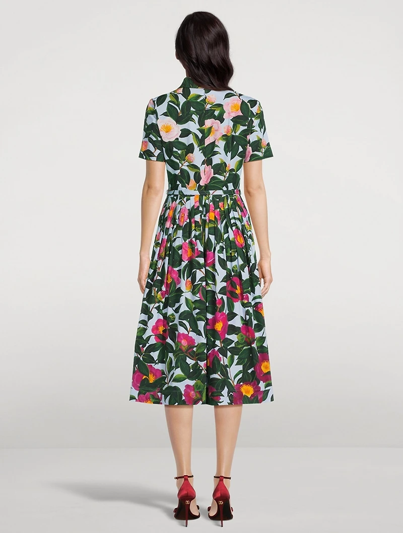 Tie-Neck Belted Midi Dress Camellia Print