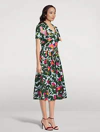 Tie-Neck Belted Midi Dress Camellia Print