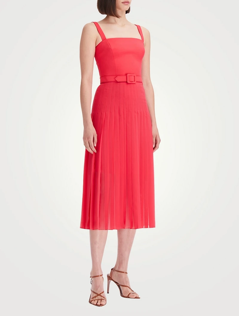 Belted Chiffon Inset Wool Midi Dress