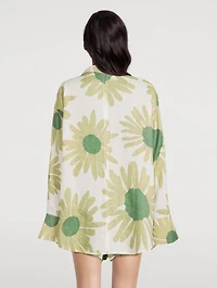 Linen Tie Shirt Aloe Flower Print