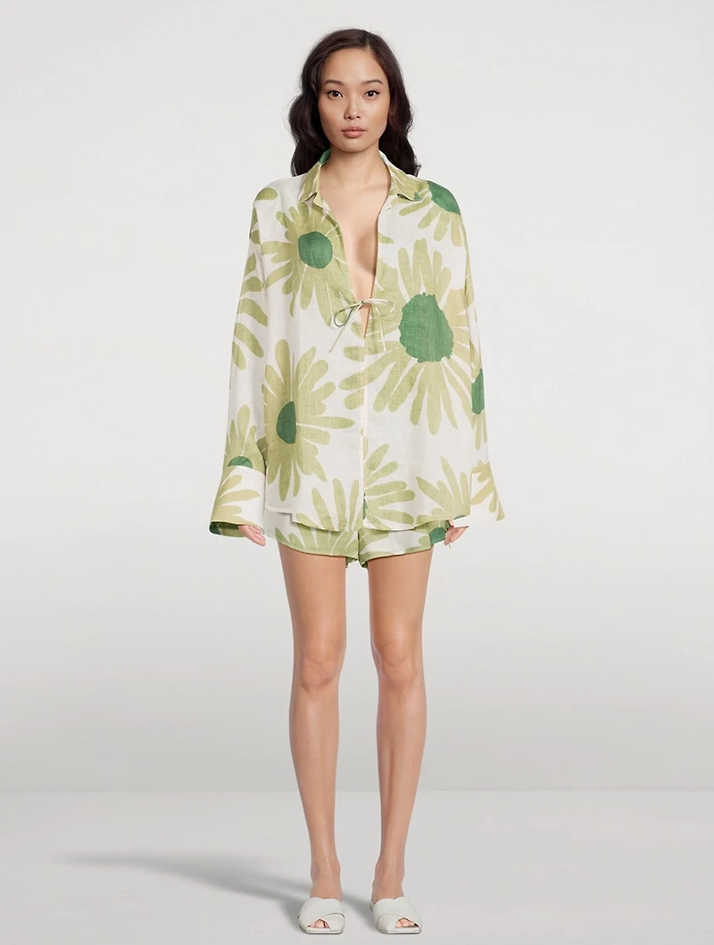 Linen Tie Shirt Aloe Flower Print