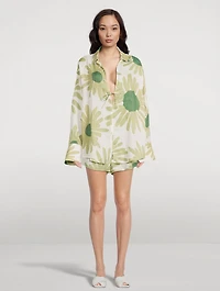 Linen Tie Shirt Aloe Flower Print
