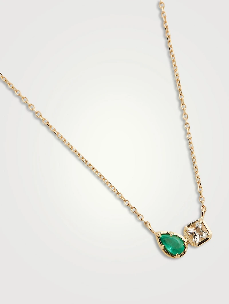 Mélia Toi Et Moi 14K Gold Necklace With Clear Topaz And Emerald