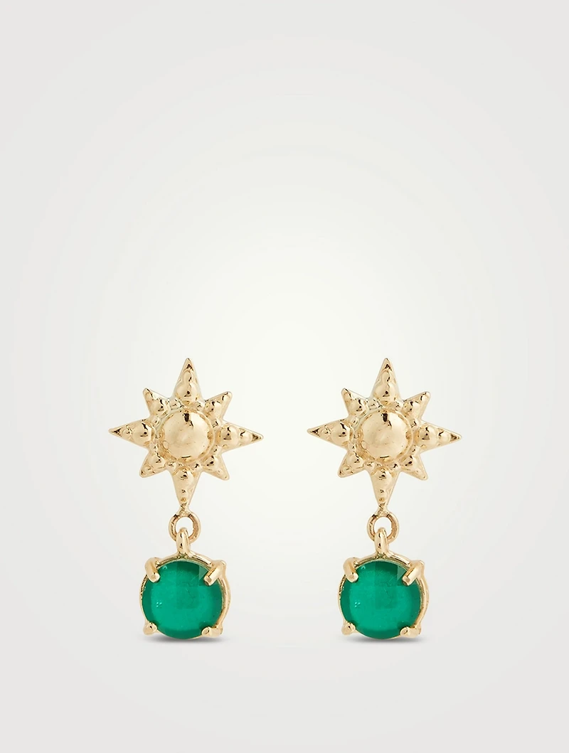 Aztec 14K Gold Solid Luna Green Onyx Drop Earrings With Green Onyx