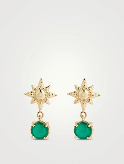 Aztec 14K Gold Solid Luna Green Onyx Drop Earrings With Green Onyx