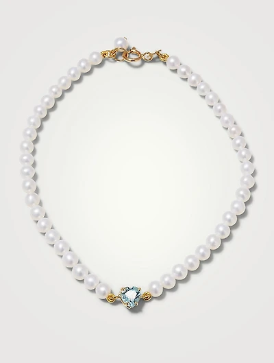 14K Gold Blue Topaz Heart Pearl Bracelet