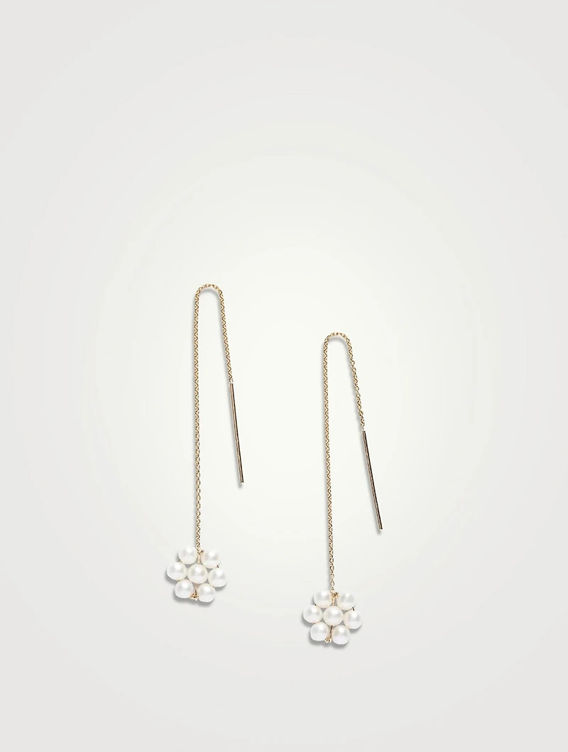 14K Gold Pearl Flower Threader Earrings