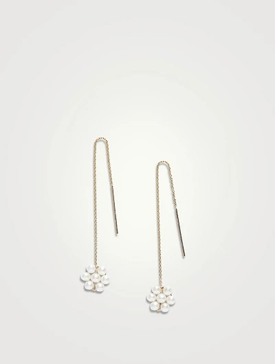 14K Gold Pearl Flower Threader Earrings
