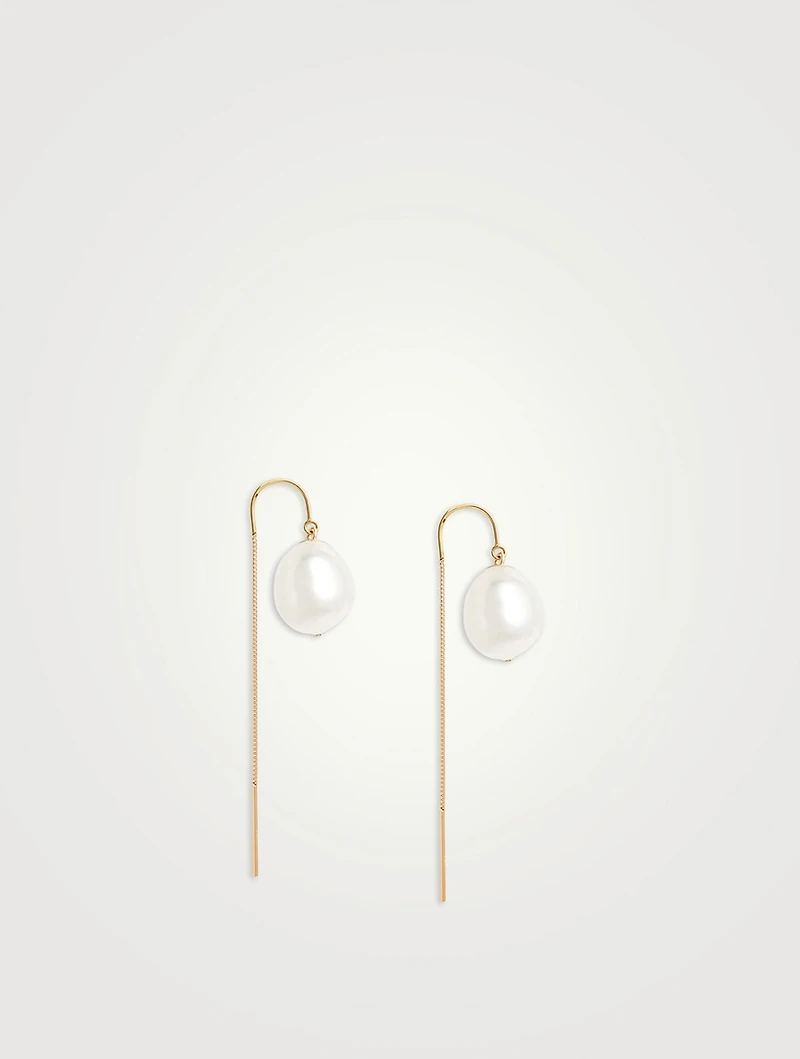 14K Gold Oval Pearl Threader Earrings