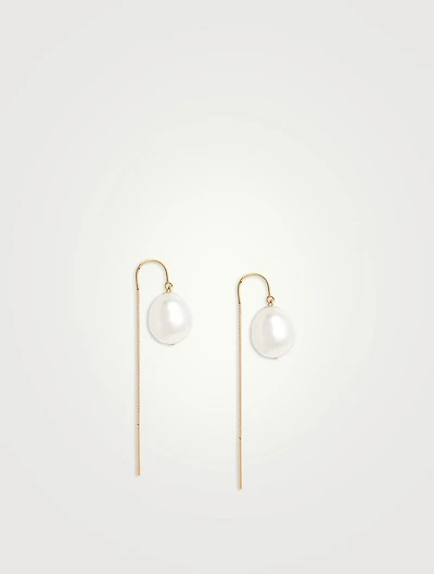 14K Gold Oval Pearl Threader Earrings