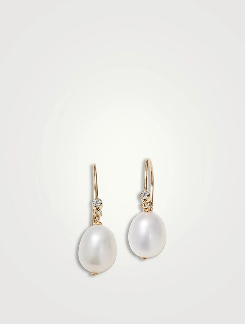 14K Gold Large Oval Pearl Earrings With Diamonds