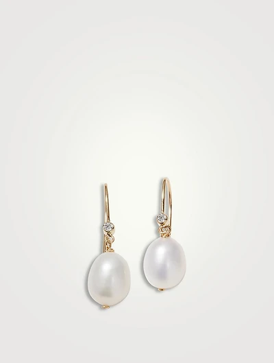 14K Gold Large Oval Pearl Earrings With Diamonds
