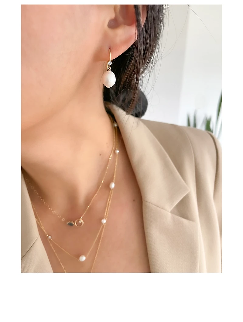 14K Gold Large Oval Pearl Earrings With Diamonds