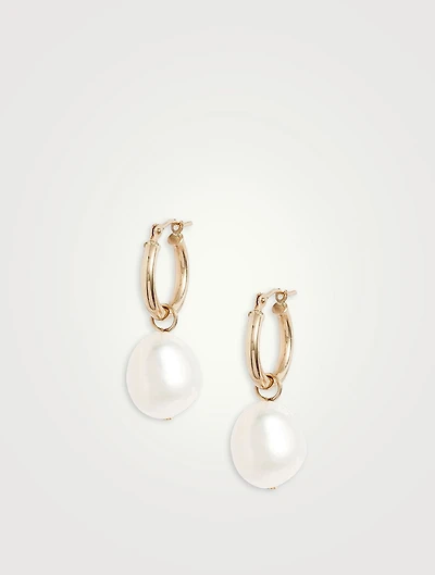 14K Gold Small Gold Hoop Removable Pearl Earrings
