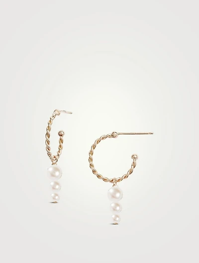 14K Gold Triple Pearl Twisted Hoop Earrings