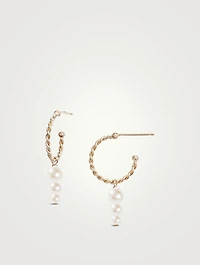 14K Gold Triple Pearl Twisted Hoop Earrings