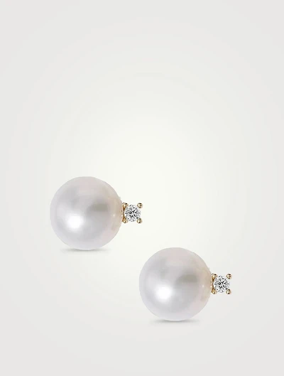 14K Gold Pearl Stud Earrings With Diamonds