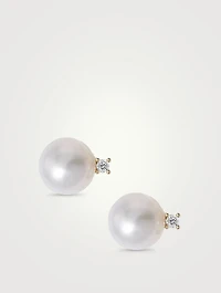14K Gold Pearl Stud Earrings With Diamonds