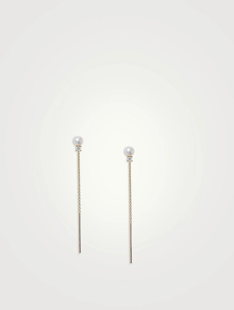 14K Gold Petite Pearl Threader Earrings With Diamonds
