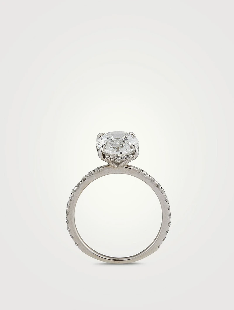 Signature 18K White Gold Oval Solitaire Ring With Diamonds