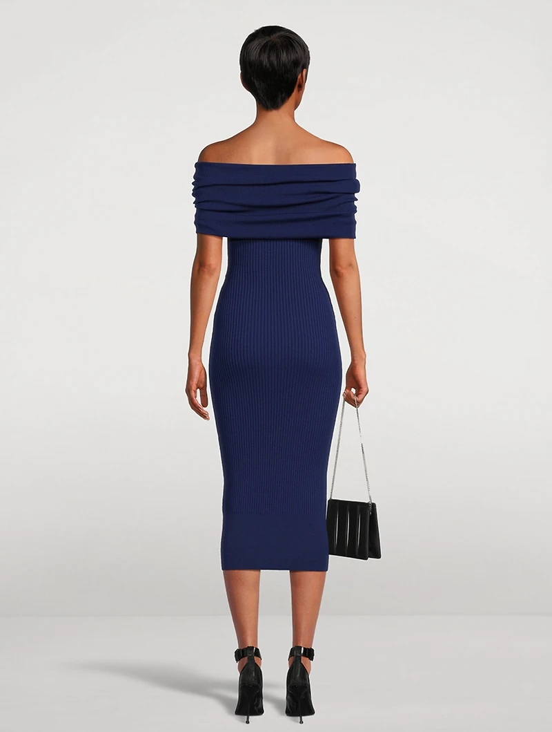 Off-The-Shoulder Rib-Knit Midi Dress
