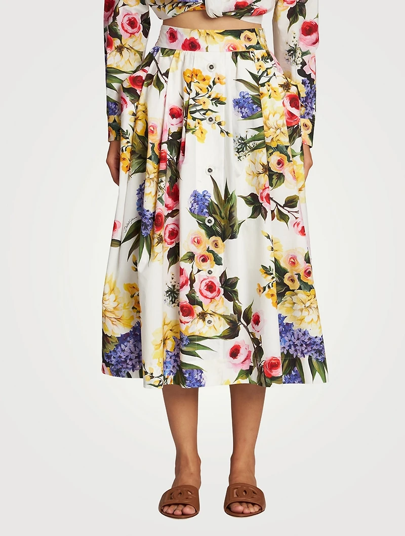 Cotton Midi Skirt Floral Print
