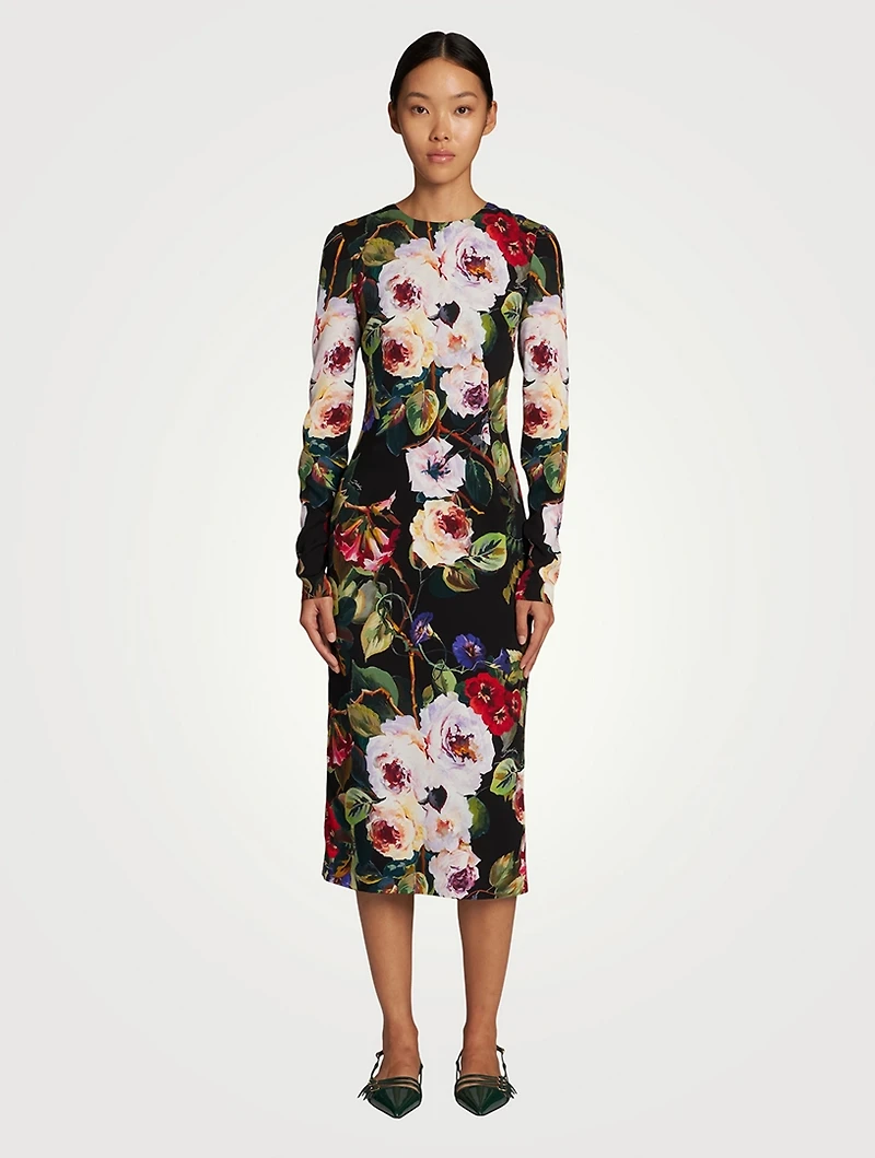 Silk Charmeuse Midi Sheath Dress Floral Print