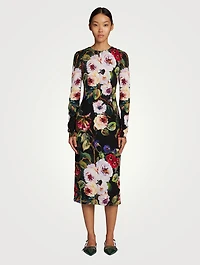 Silk Charmeuse Midi Sheath Dress Floral Print