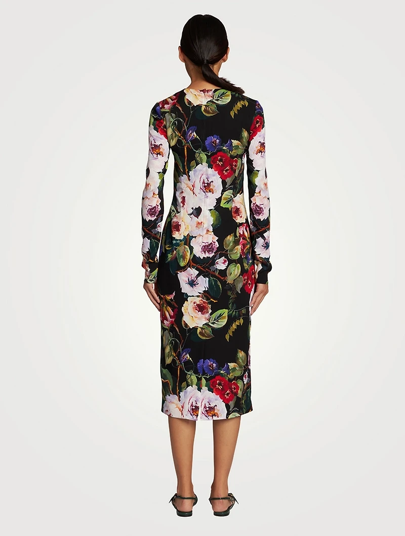 Silk Charmeuse Midi Sheath Dress Floral Print