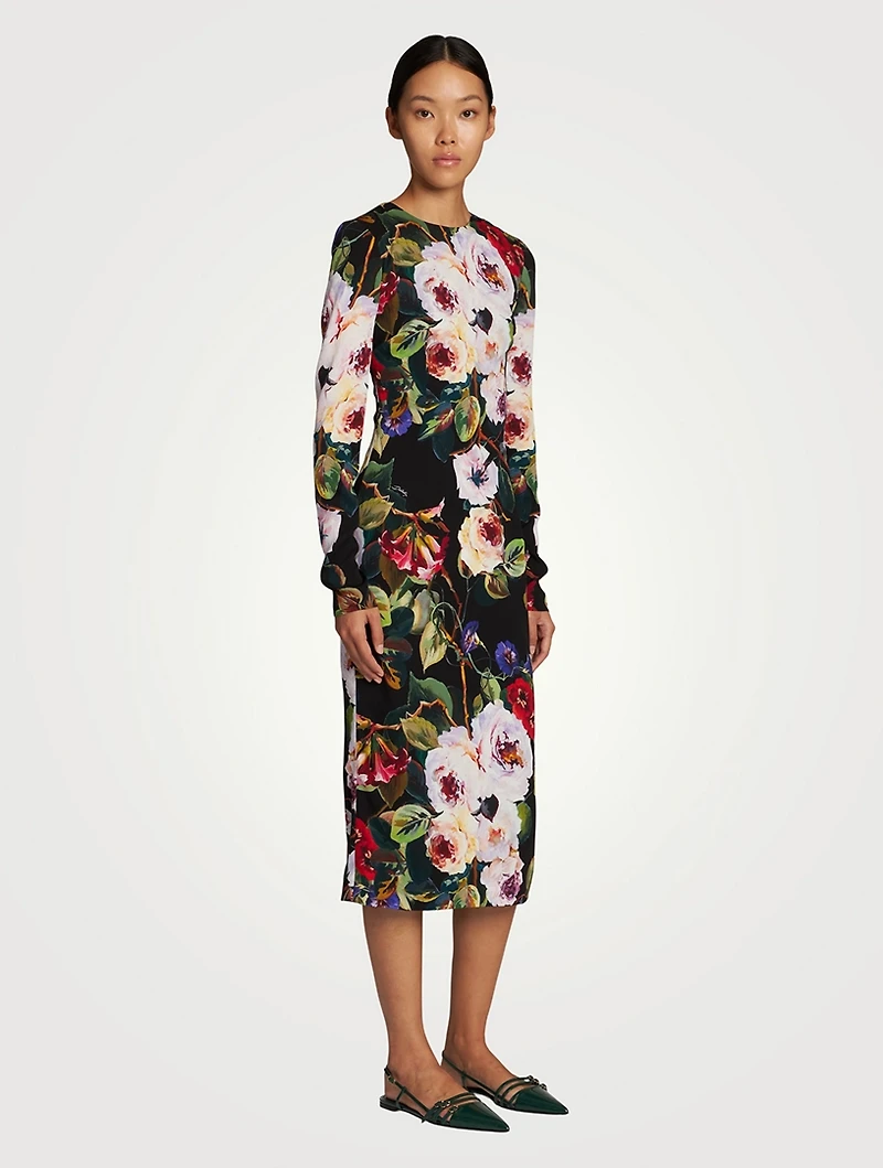 Silk Charmeuse Midi Sheath Dress Floral Print