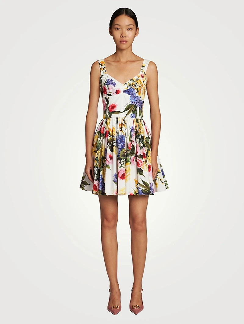 Cotton-Blend Mini Dress Floral Print