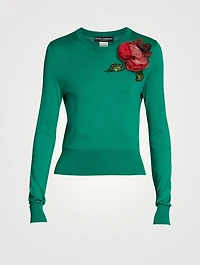 Silk Floral Appliqué Crewneck Sweater