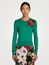 Silk Floral Appliqué Crewneck Sweater