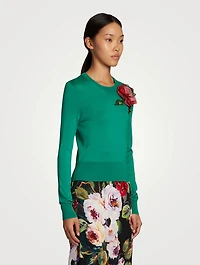 Silk Floral Appliqué Crewneck Sweater