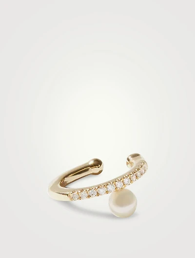 Sea Of Beauty 14K Gold Ear Cuff With Diamonds And Offset Pearl