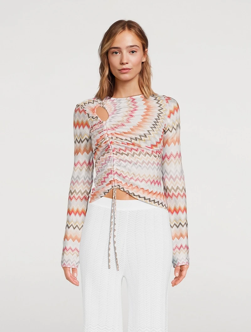 Ruched Long-Sleeve Top Zig Zag Print