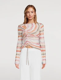 Ruched Long-Sleeve Top Zig Zag Print