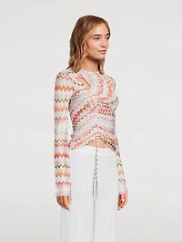 Ruched Long-Sleeve Top Zig Zag Print